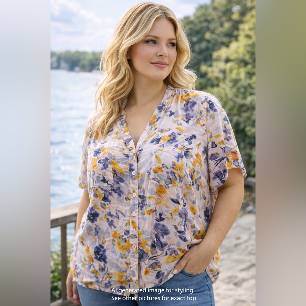 Torrid Floral Button Front‎ Blouse Size 2 Lightweight V Neck Top